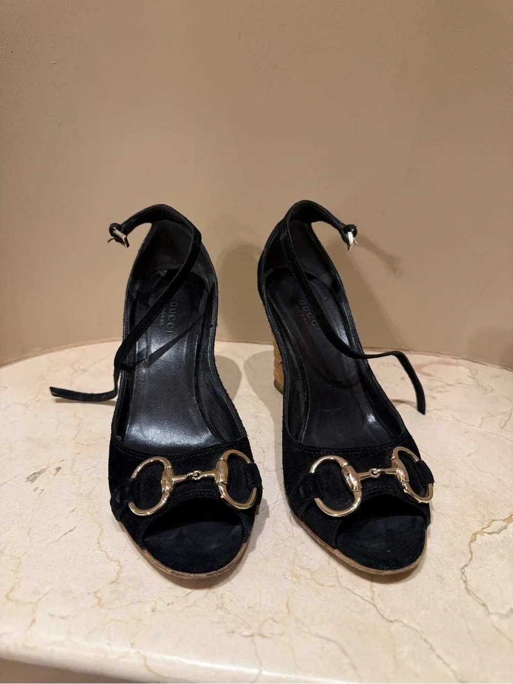 Gucci Black Suede Peep-Toe Espadrilles with Gold Horsebit